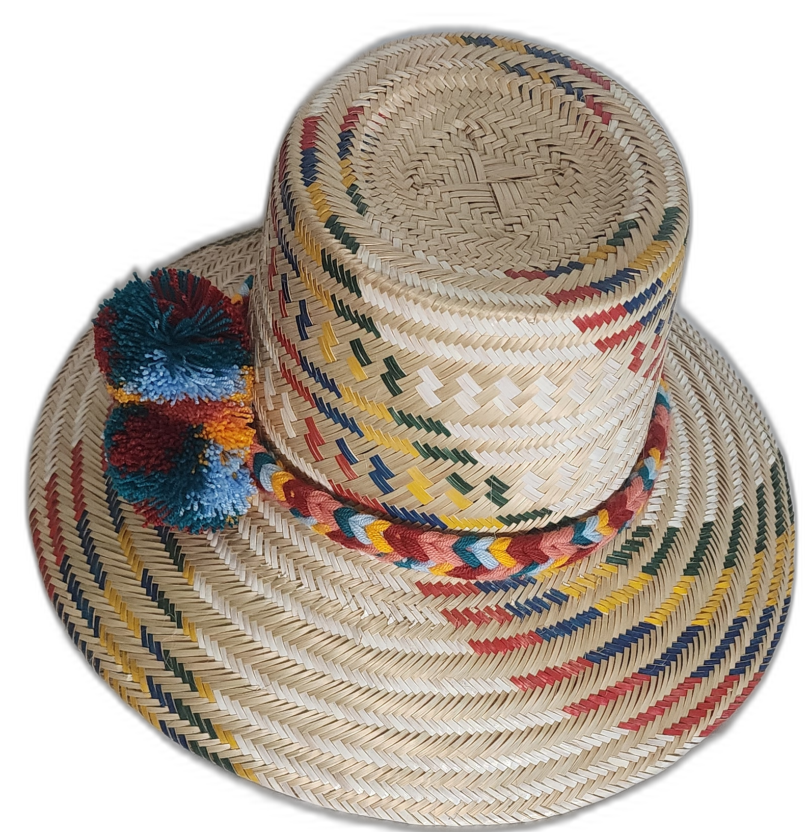 Iraca palm Wayuu hat with rich multicolor weave and handmade pompom accents symbolizing cultural meaning.