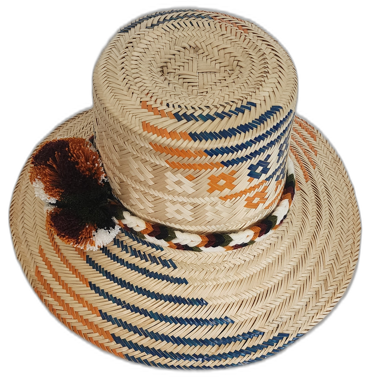 Bohemian summer straw hat with rustic tones and handcrafted pompoms