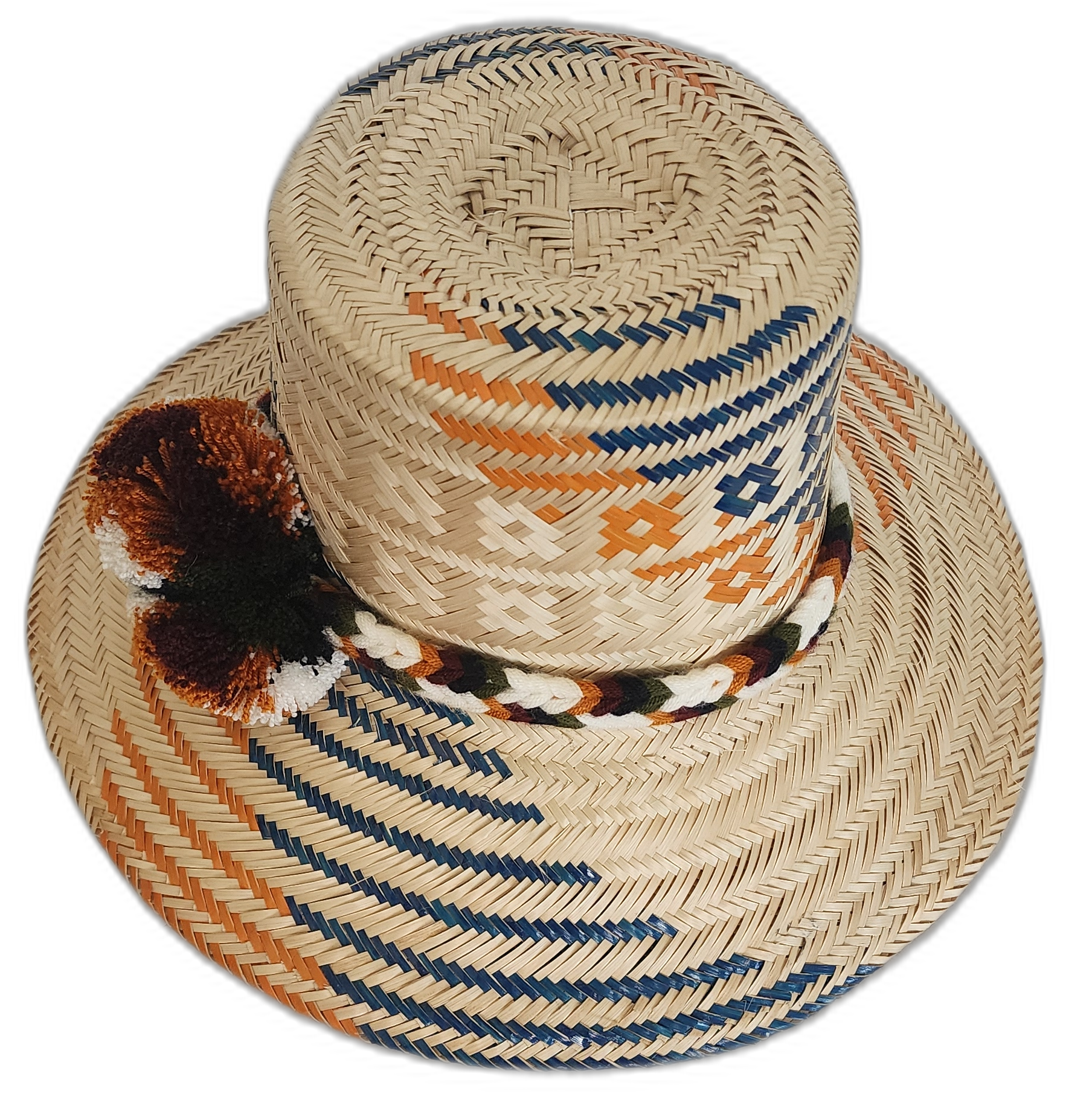 Bohemian summer straw hat with rustic tones and handcrafted pompoms