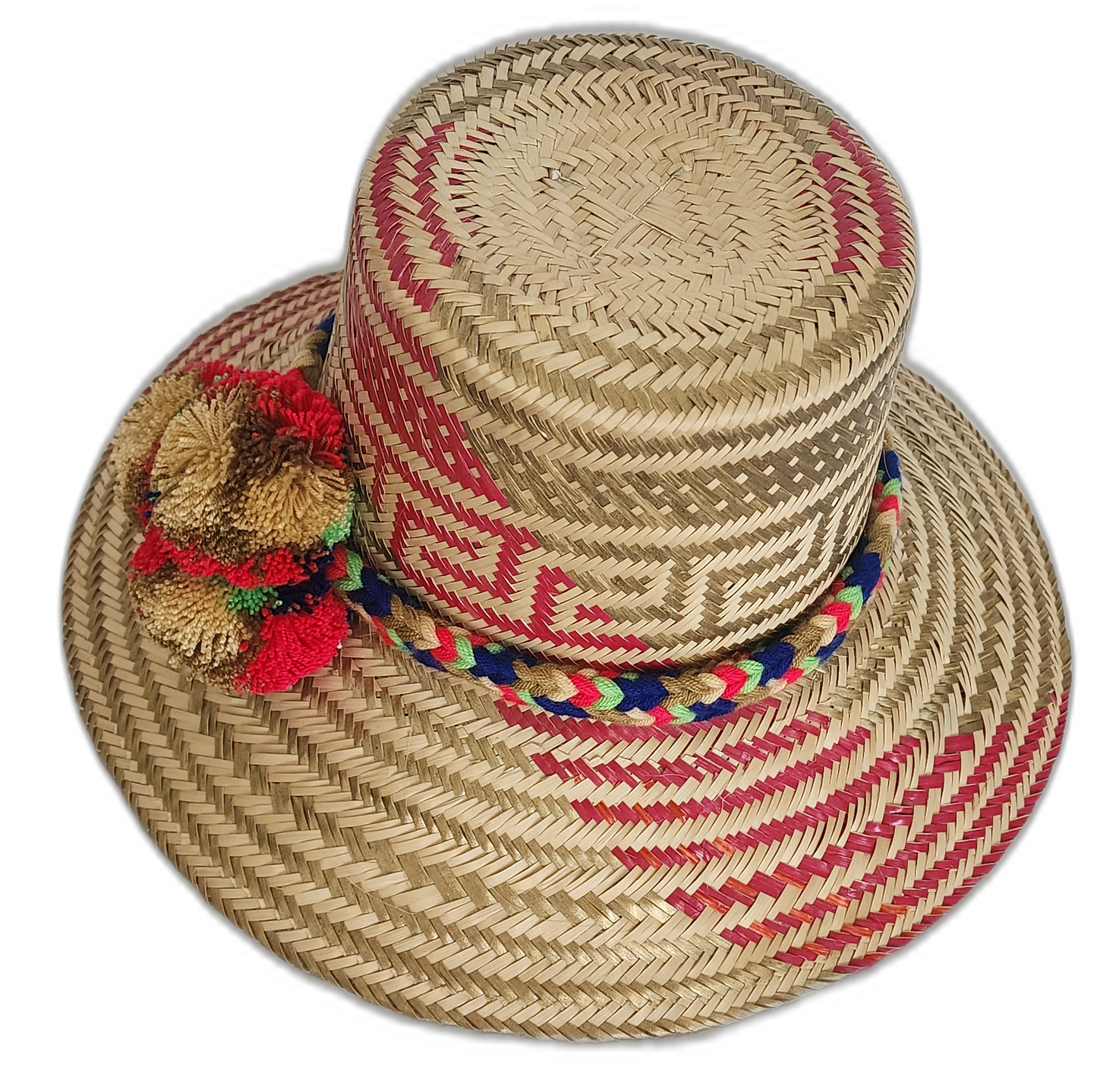 Natural straw Wayuu hat with colorful braided band and pompom accents