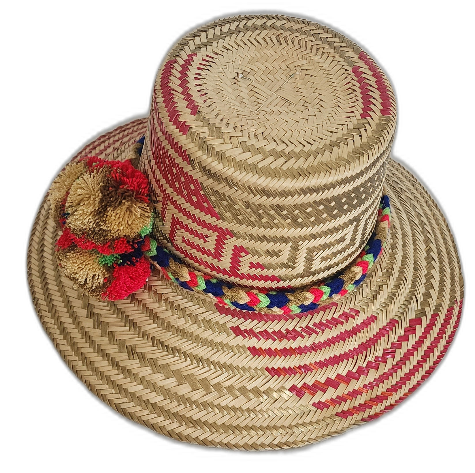 Natural straw Wayuu hat with colorful braided band and pompom accents