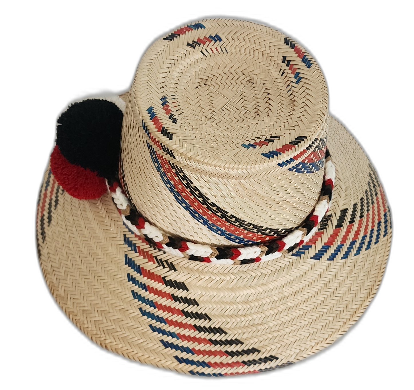 Summer Wayuu hat with tricolor pompoms and tribal pattern design