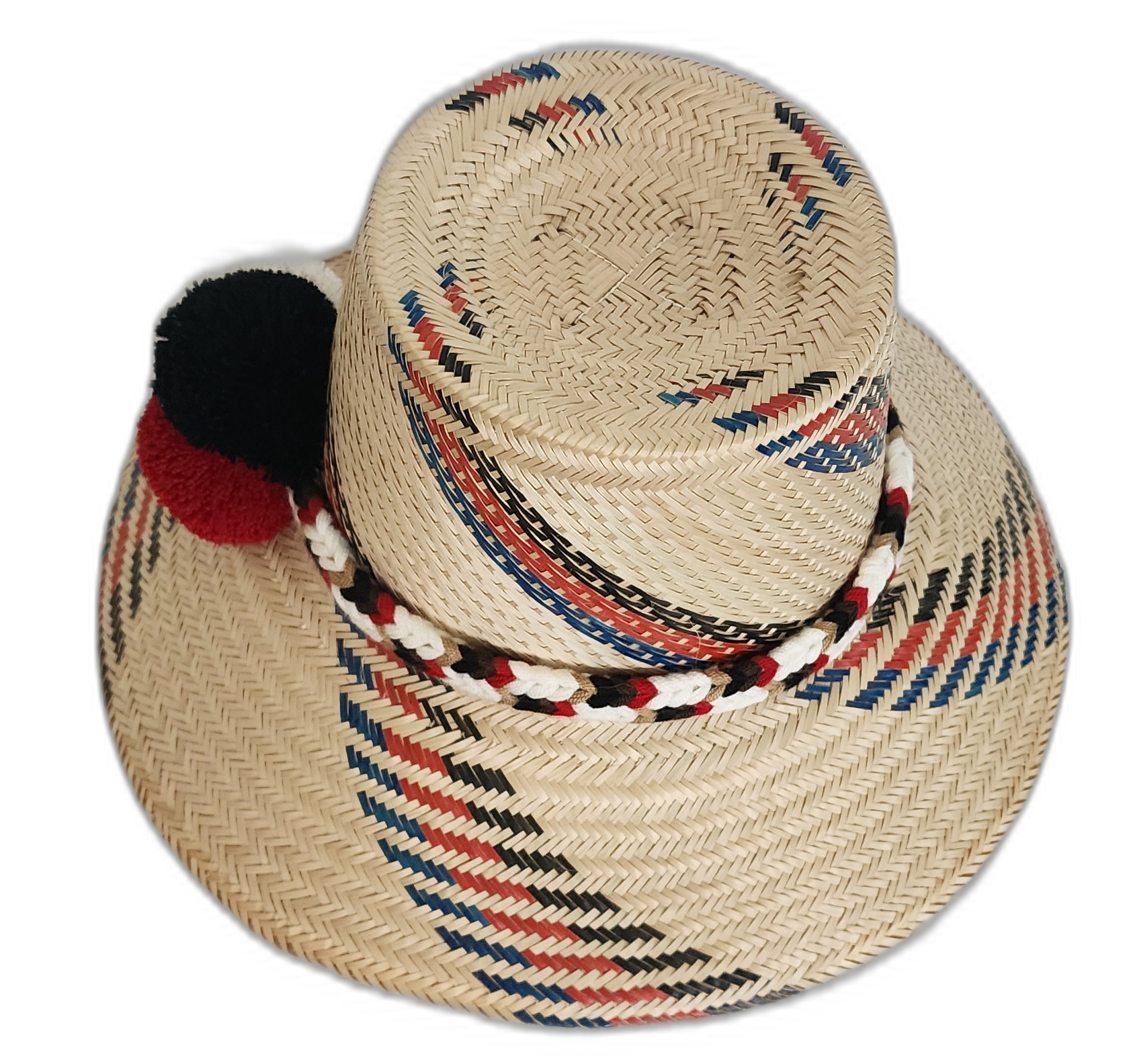 Summer Wayuu hat with tricolor pompoms and tribal pattern design