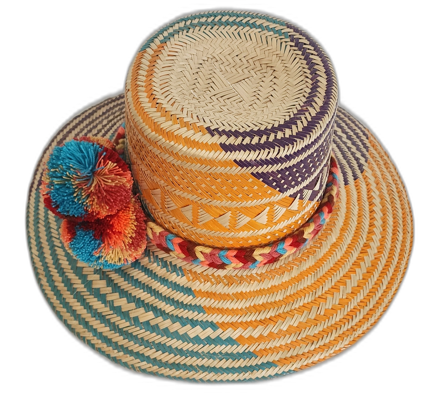Vibrant artisan Wayuu hat crafted from Iraca palm with summer colors