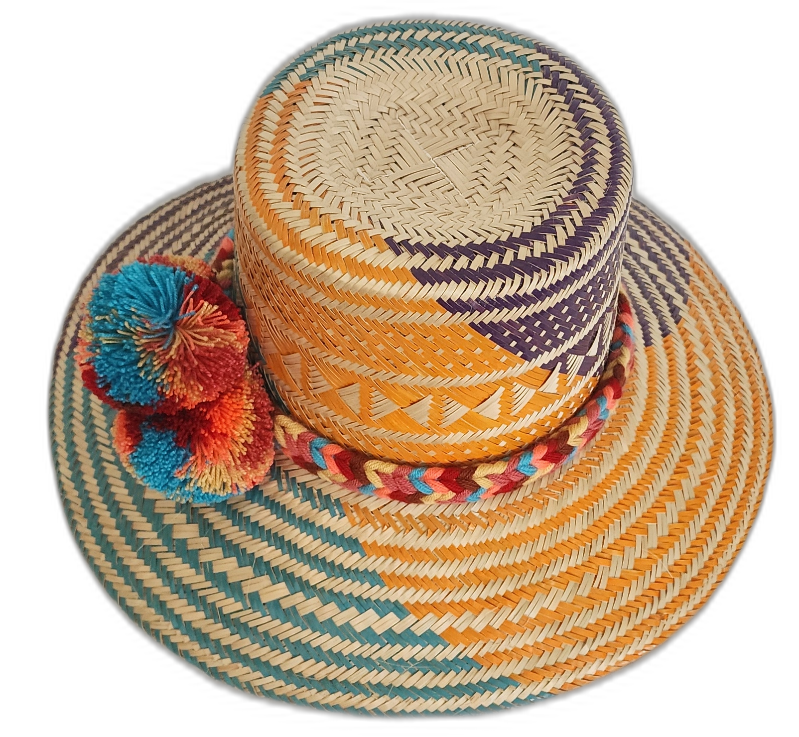 Vibrant artisan Wayuu hat crafted from Iraca palm with summer colors