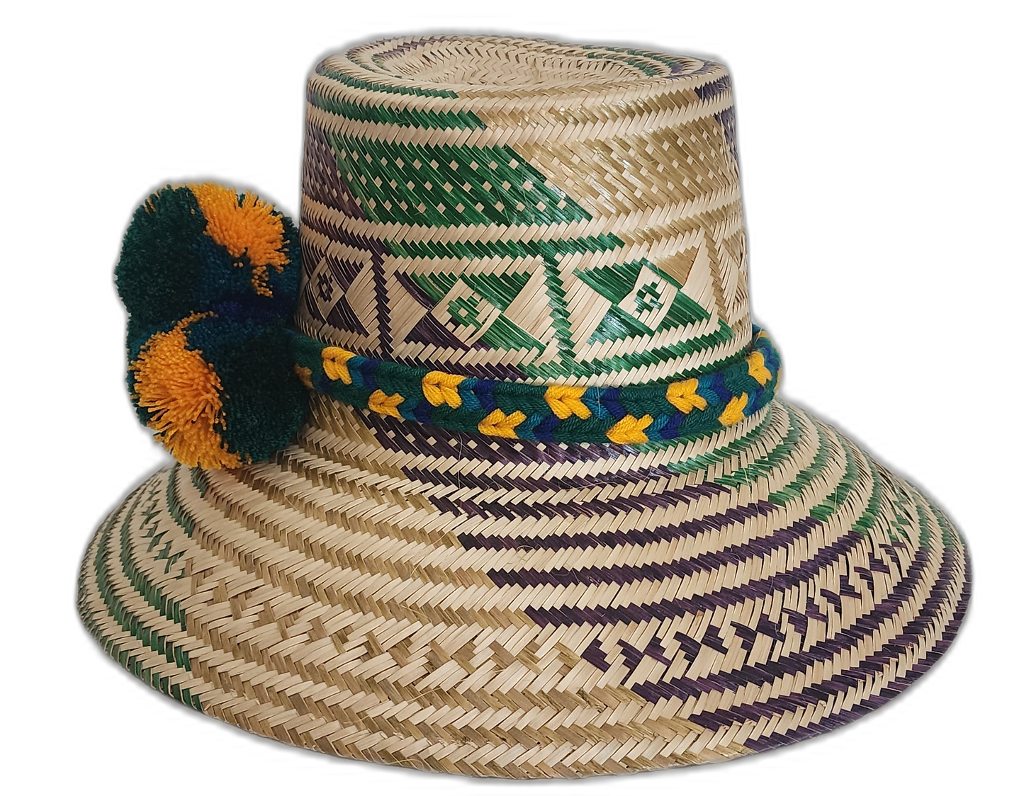 Boho hat with tribal patterns and artisan pompoms in gold and emerald