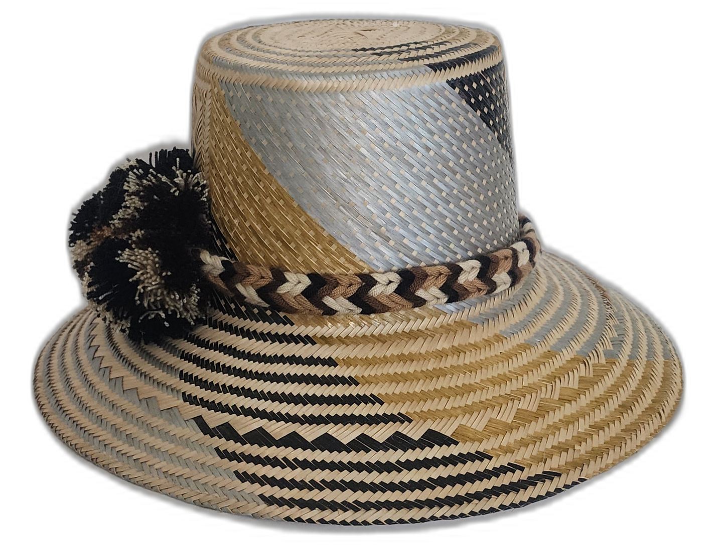 Boho straw hat with natural, brown, and black tones and handwoven details.