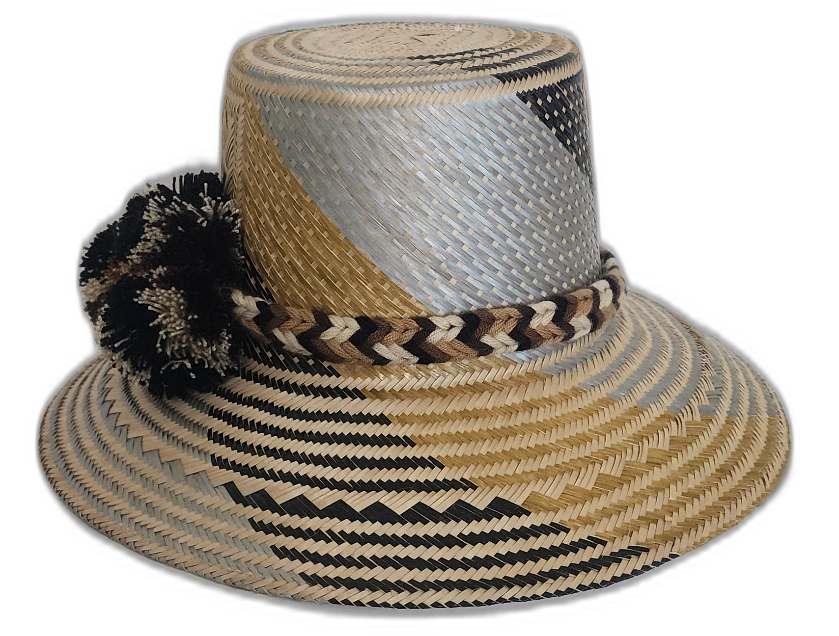 Boho straw hat with natural, brown, and black tones and handwoven details.