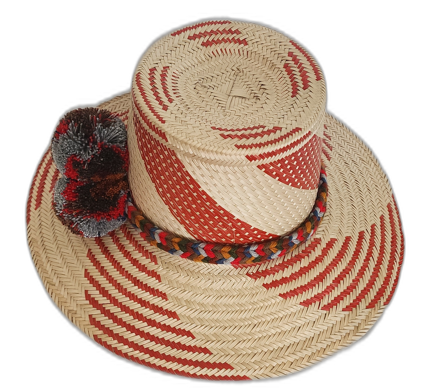 Bohemian chick straw hat with multi-color pompoms and handcrafted details