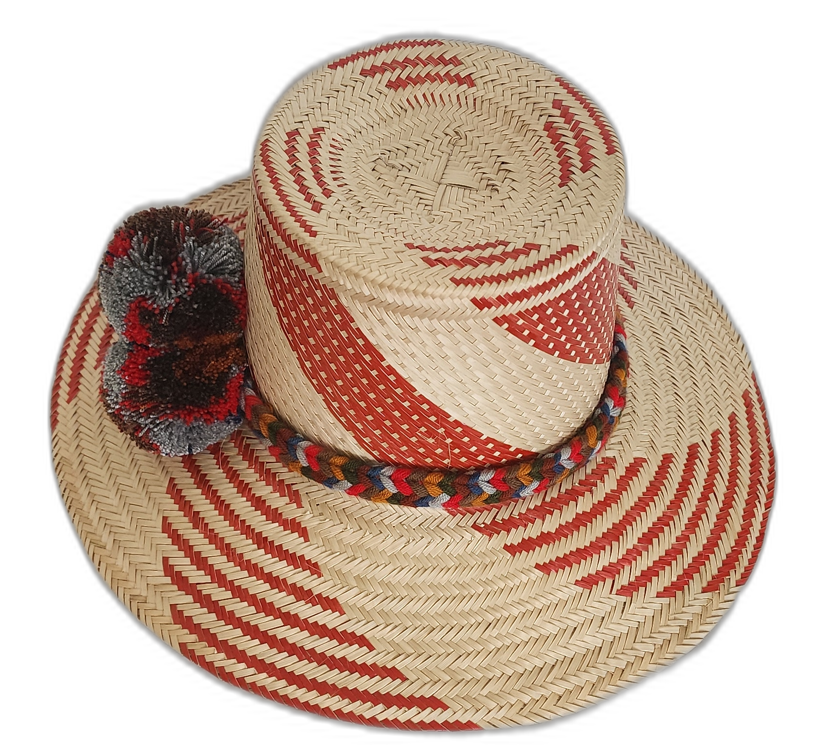 Bohemian chick straw hat with multi-color pompoms and handcrafted details