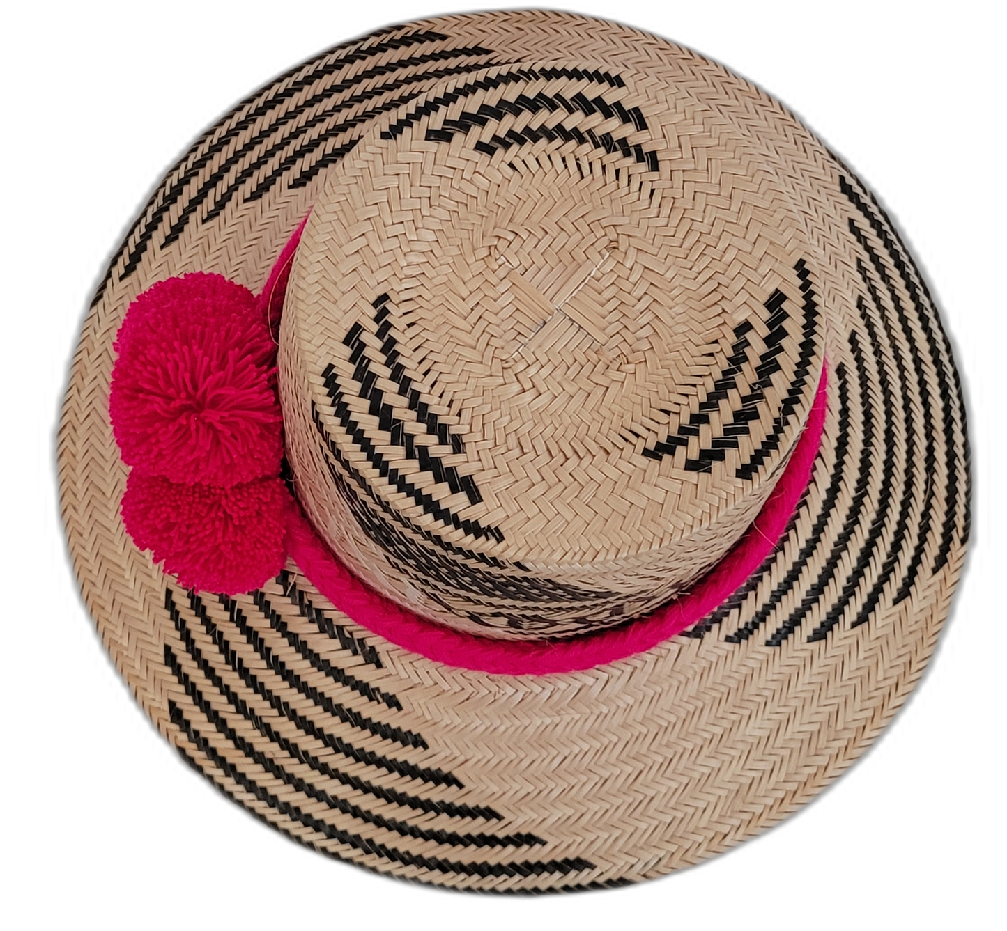 Colorful Wayuu handmade straw hat with black and pink design, perfect for boho style.

