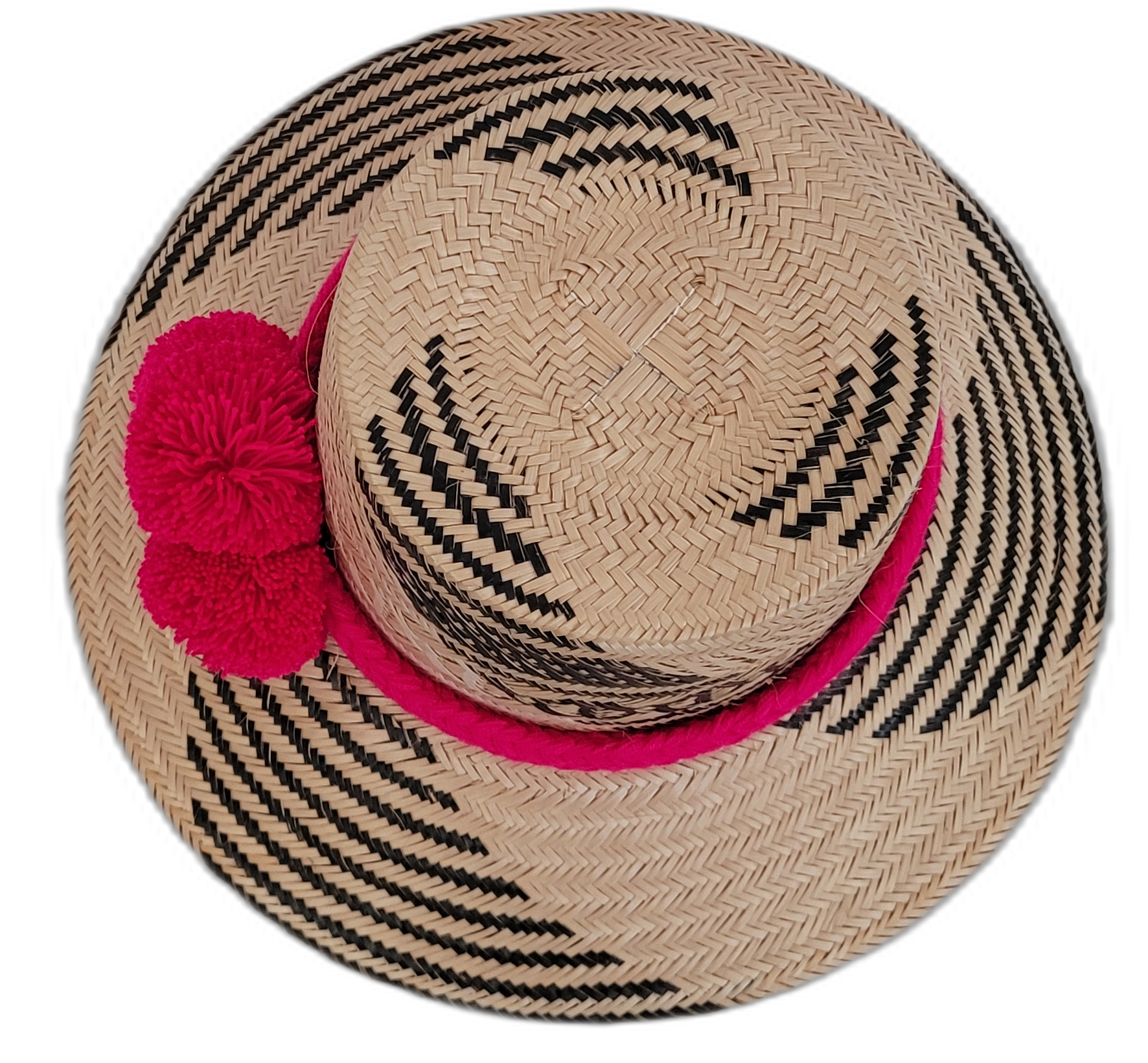 Colorful Wayuu handmade straw hat with black and pink design, perfect for boho style.

