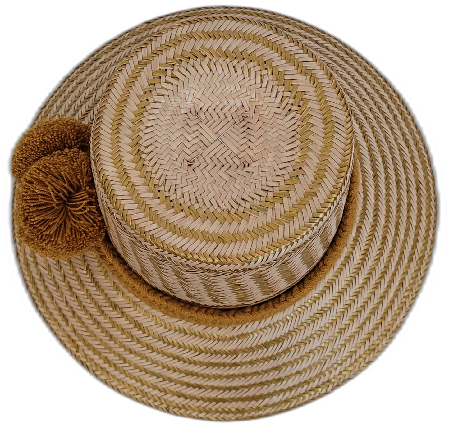 Handwoven Wayuu straw hat with golden accent pompoms and bohemian design.

