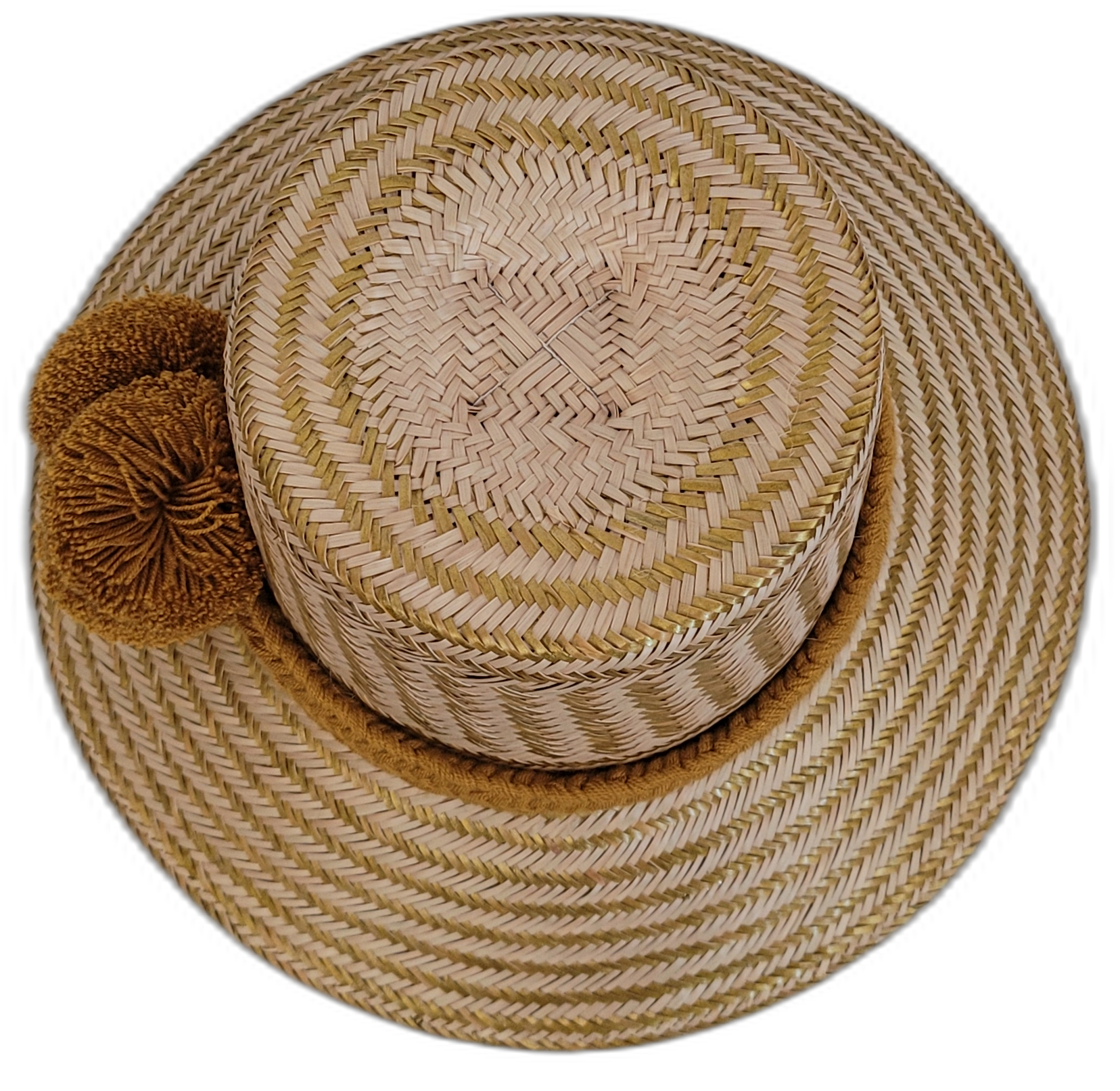 Handwoven Wayuu straw hat with golden accent pompoms and bohemian design.

