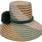 Artisan Wayuu hat Aspen with bold green and beige palm weave and matching pompoms

