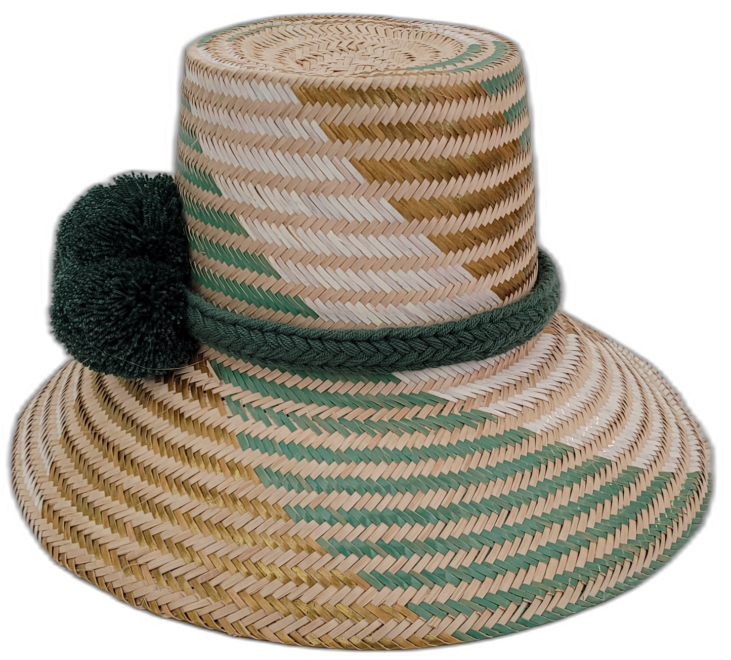 Artisan Wayuu hat Aspen with bold green and beige palm weave and matching pompoms

