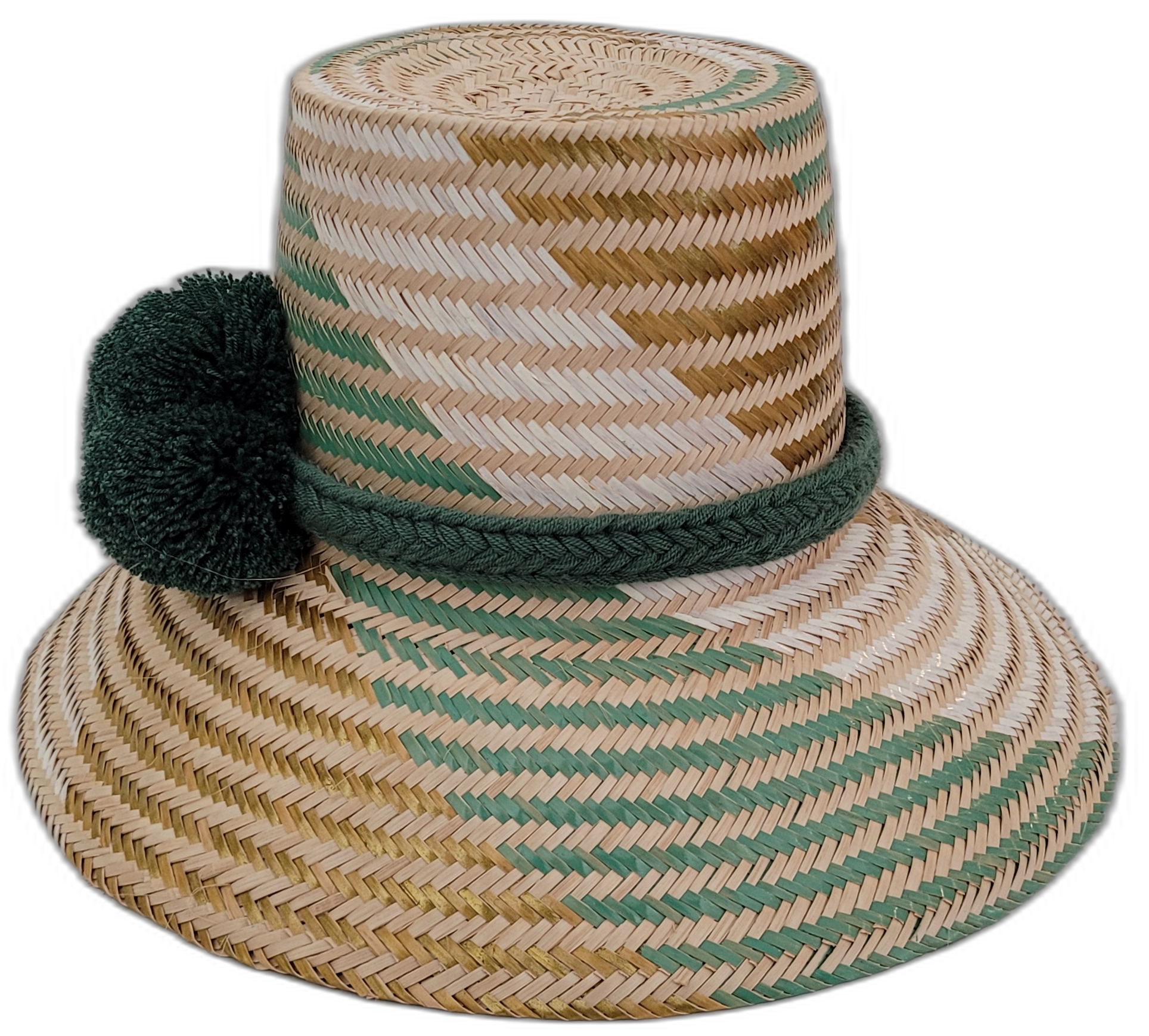 Artisan Wayuu hat Aspen with bold green and beige palm weave and matching pompoms

