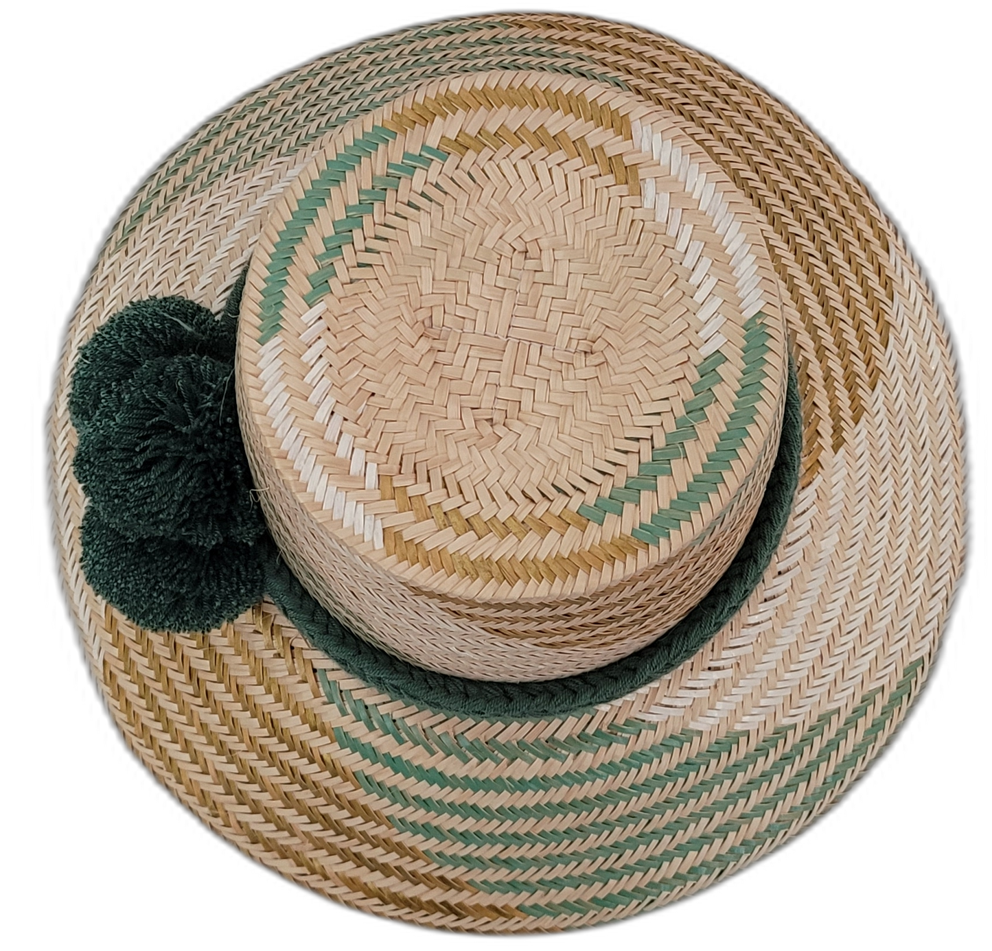 Aspen boho hat featuring handcrafted green Iraca palm fiber and dark green pompom accents

