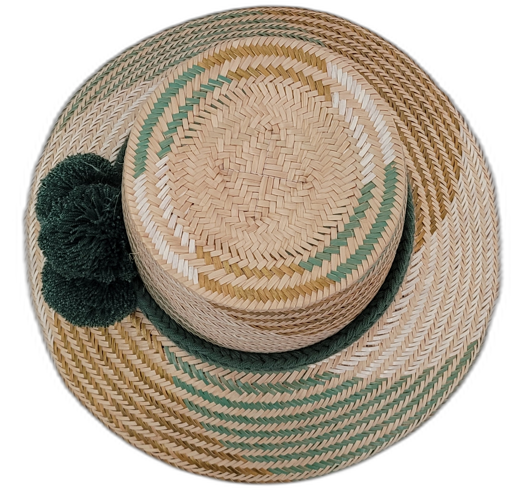 Aspen boho hat featuring handcrafted green Iraca palm fiber and dark green pompom accents

