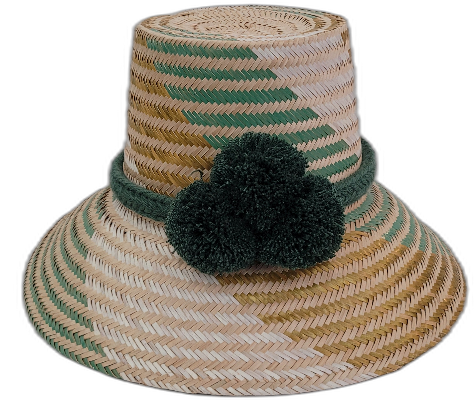 Aspen handmade Wayuu straw hat with natural and green weave and dark green pompoms

