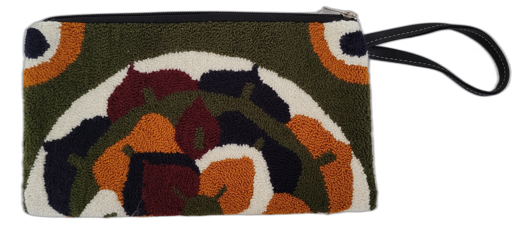 1 Handmade boho clutch with floral-inspired punch needle design and black wrist strap

