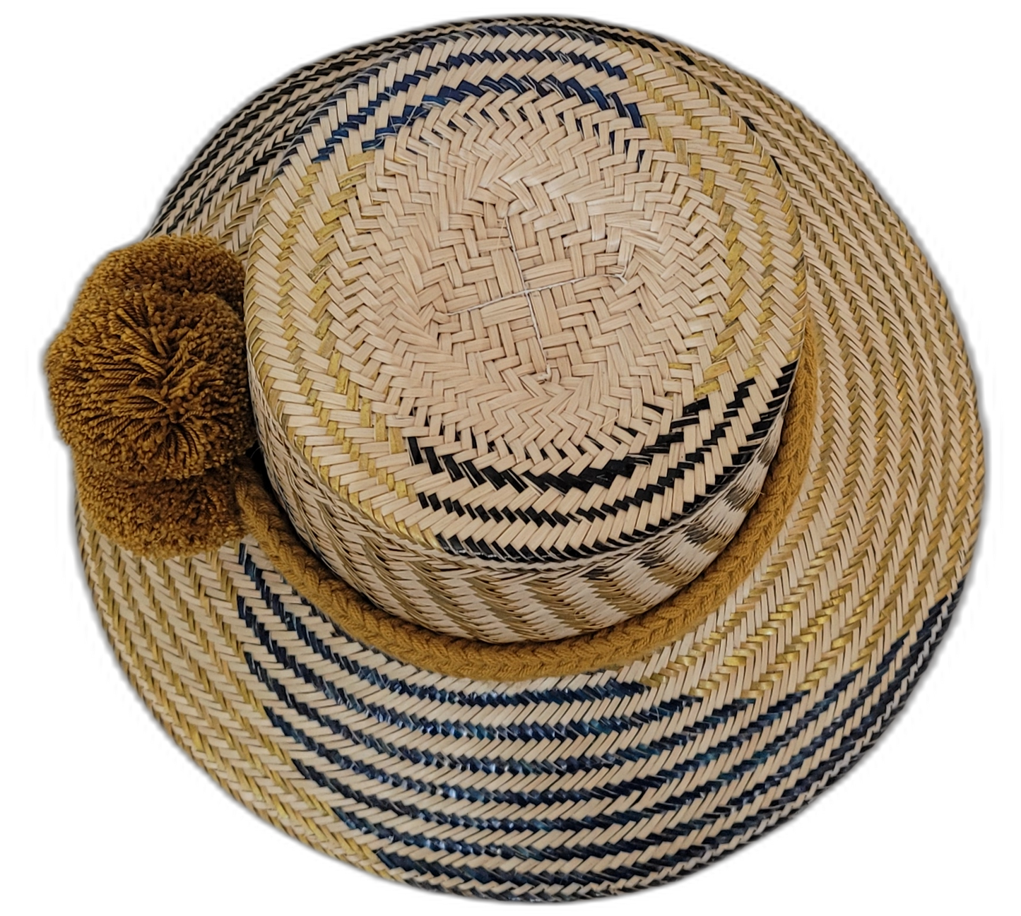 Elegant bohemian hat with bold blue and gold weave, handwoven by Wayuu artisans