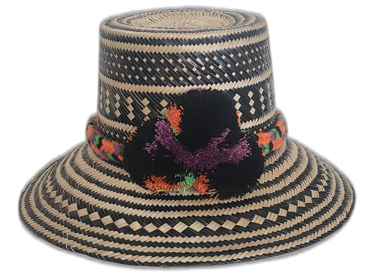 Boho Straw Hat in black and beige with colorful handmade pompoms by Wayuu artisans