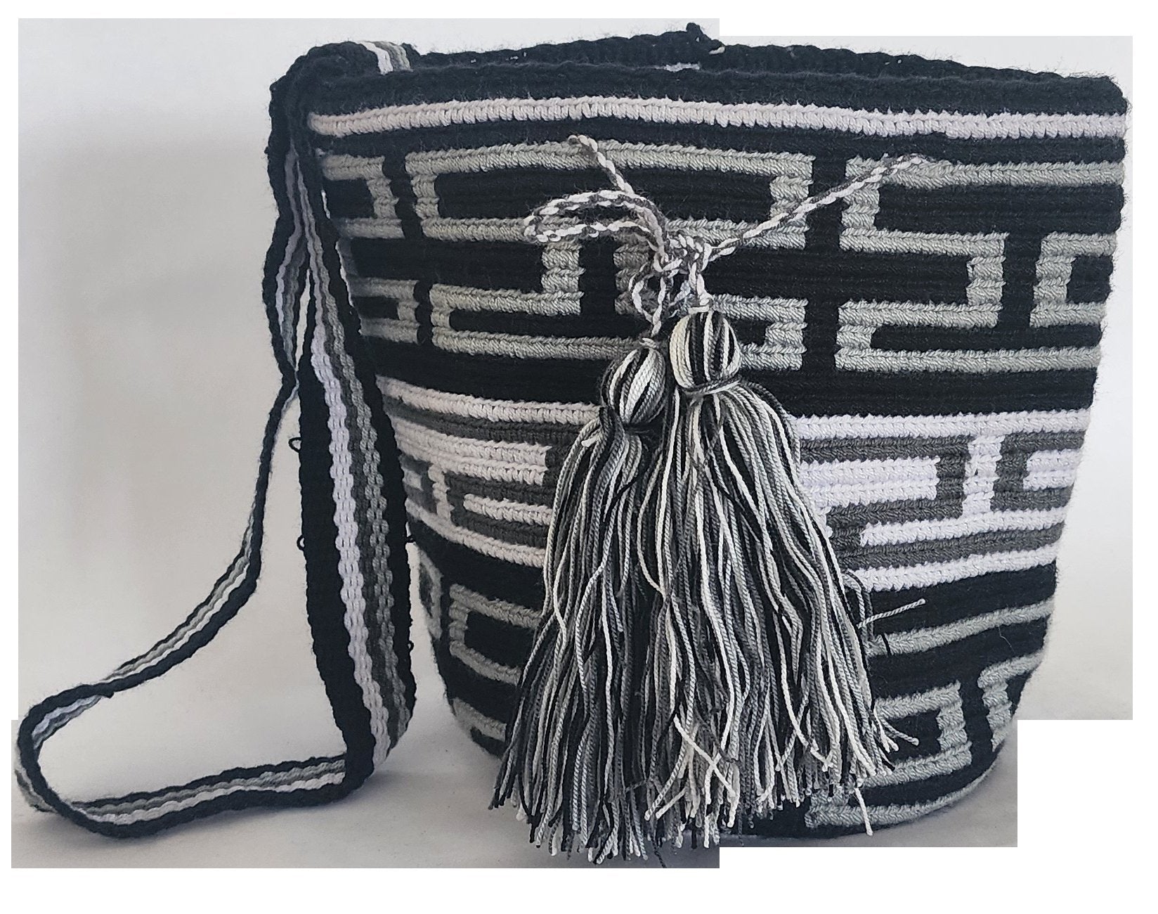 Monochrome boho chick crochet bag featuring traditional Wayuu design and adjustable strap.