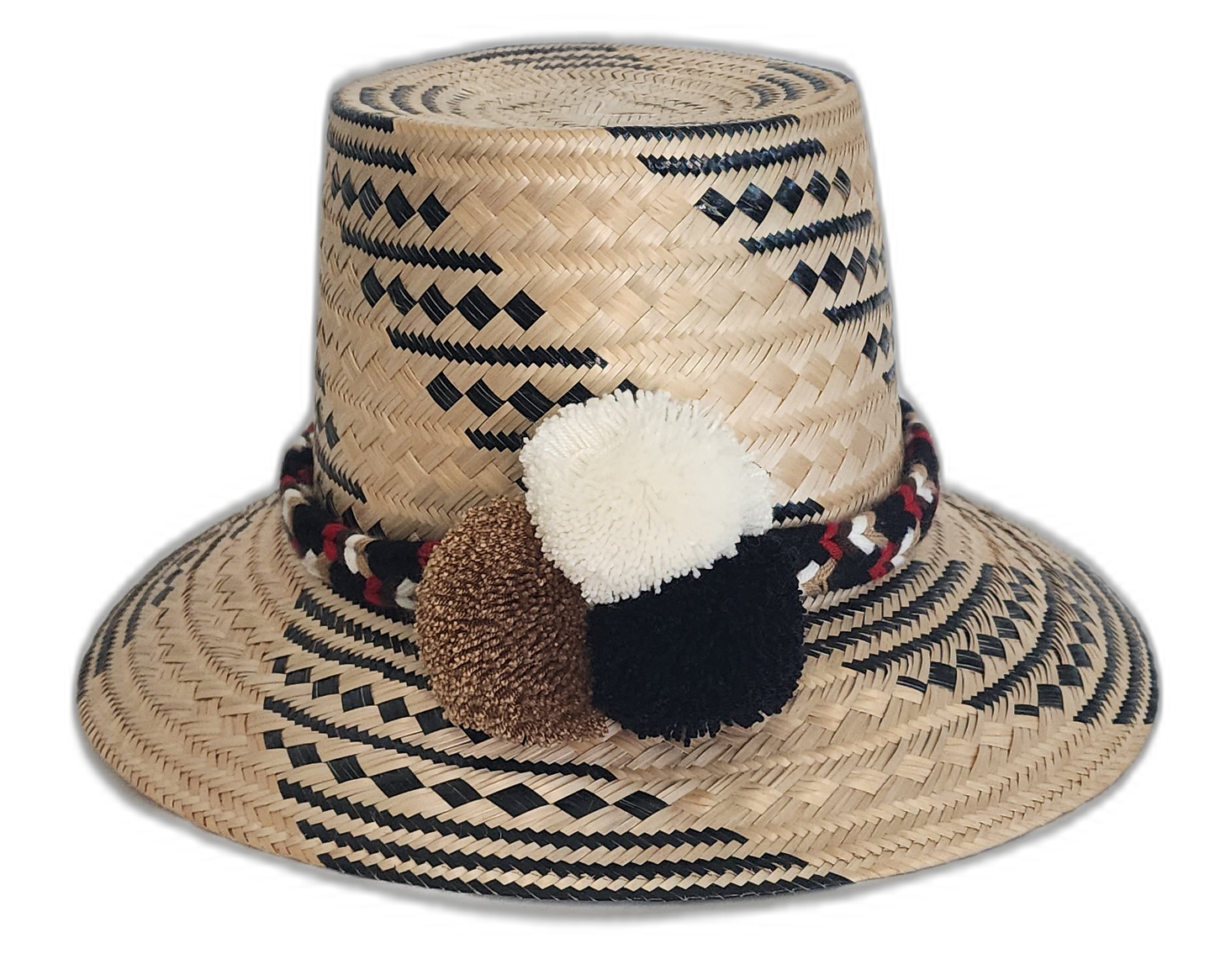 Handmade Wayuu hat with black and white geometric weave and pompoms