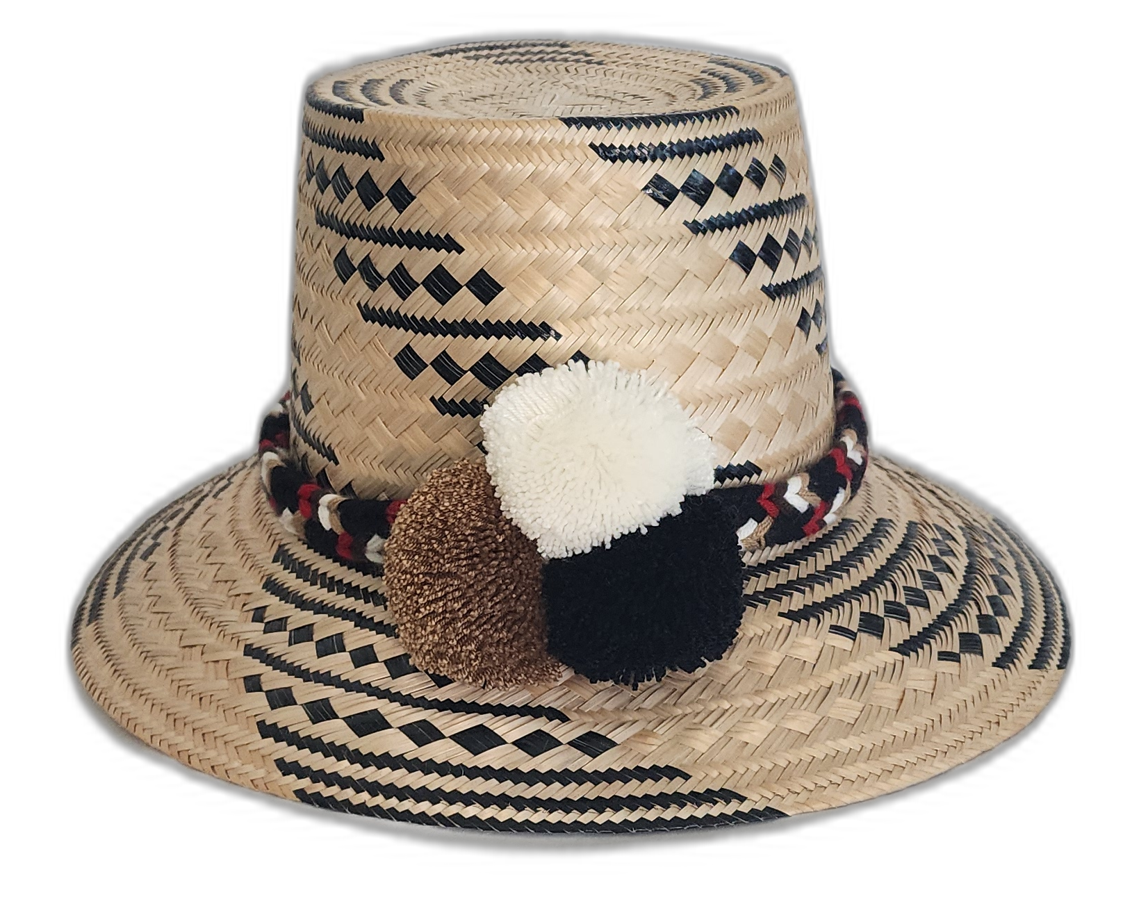 Handmade Wayuu hat with black and white geometric weave and pompoms