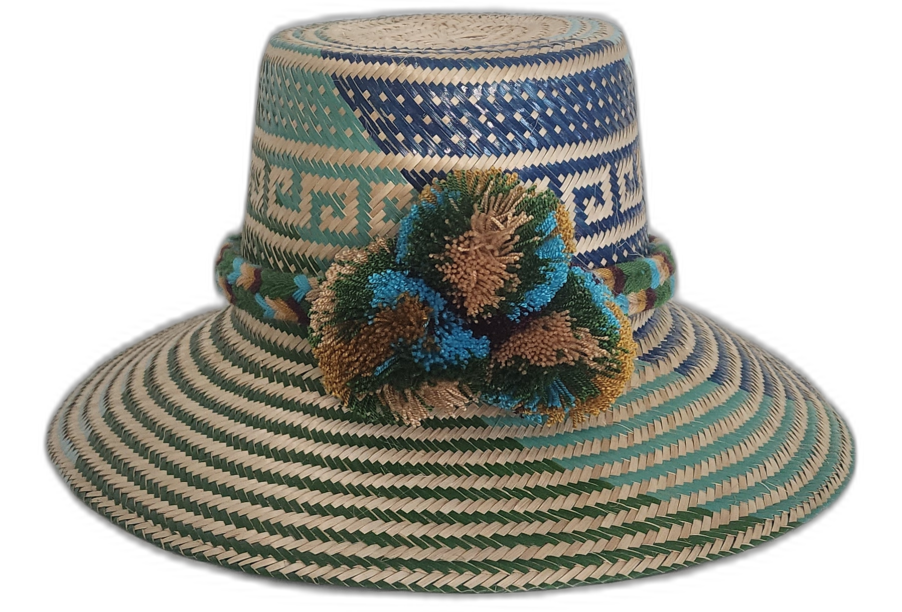 Handmade Boho Straw Hat with blue, green, and brown pompoms by Wayuu artisans