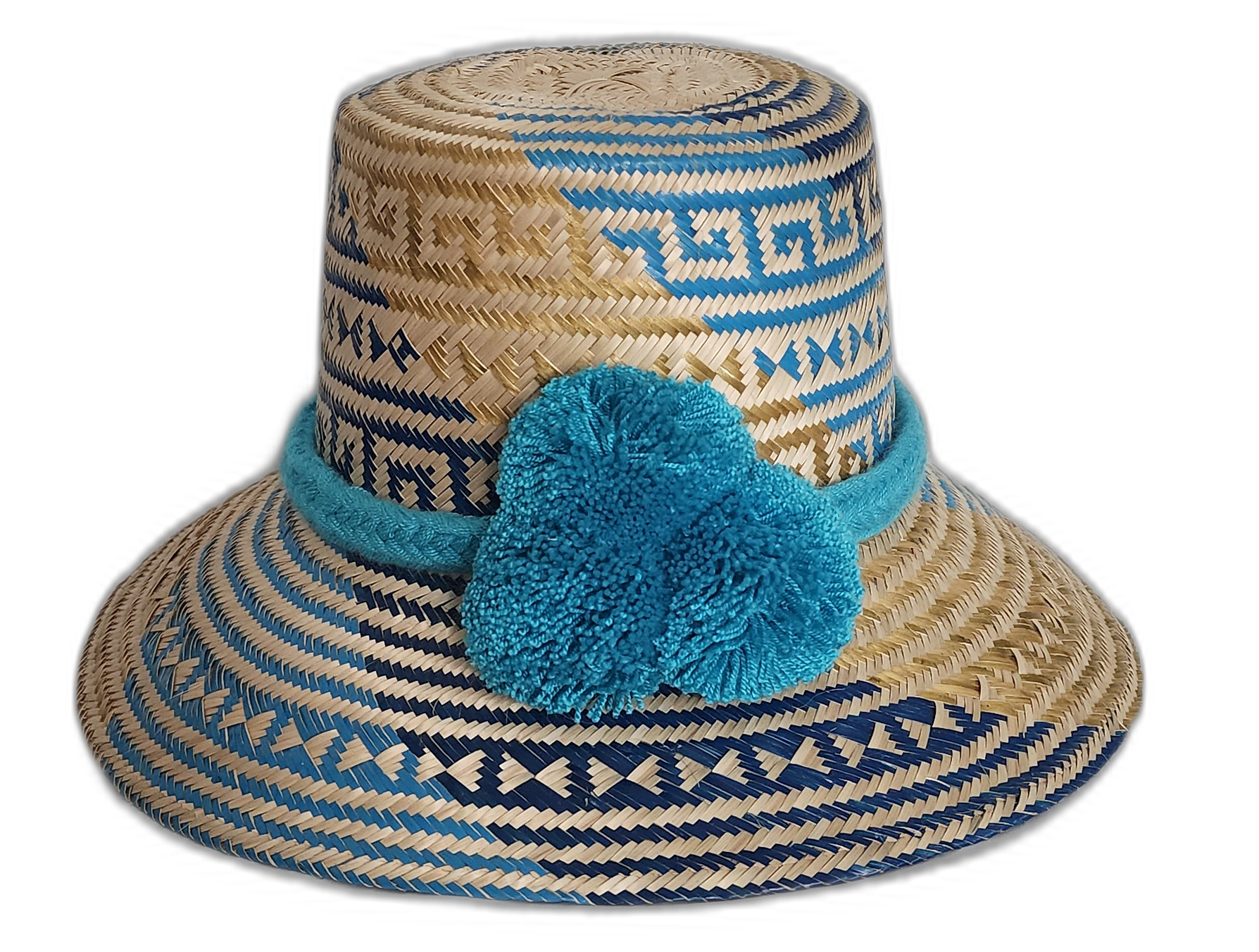 Handmade Wayuu straw hat with navy and sky blue weave and turquoise pompoms