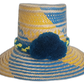 Handmade Boho Straw Hat with blue and yellow weave and deep blue pompoms