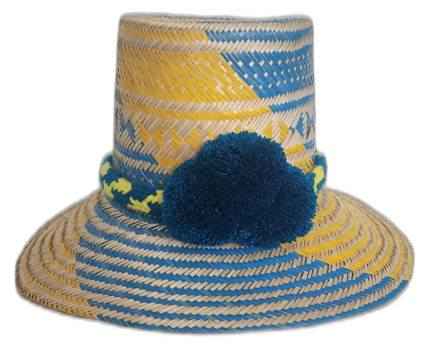 Handmade Boho Straw Hat with blue and yellow weave and deep blue pompoms