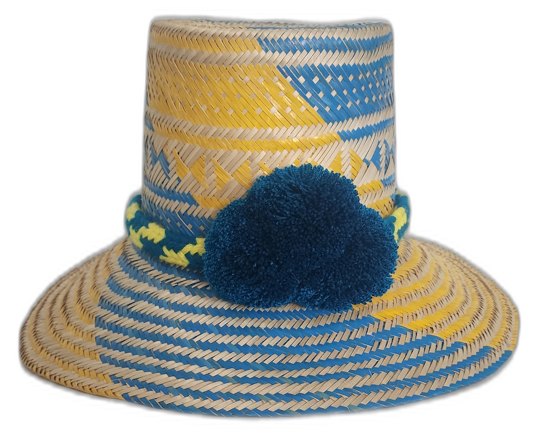 Handmade Boho Straw Hat with blue and yellow weave and deep blue pompoms
