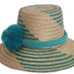 Boho chic straw hat featuring artisan green pattern and plush turquoise band.