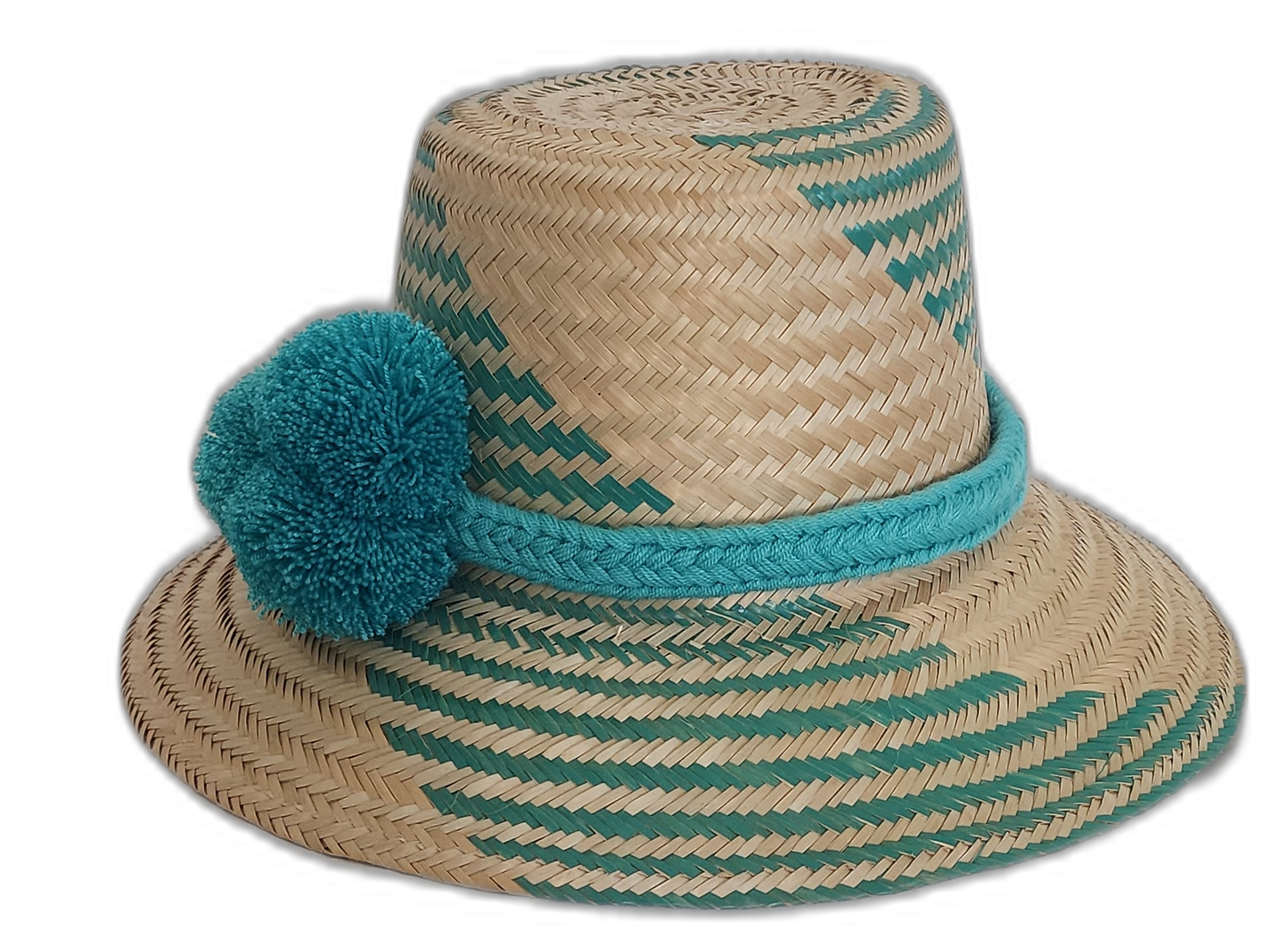 Boho chic straw hat featuring artisan green pattern and plush turquoise band.
