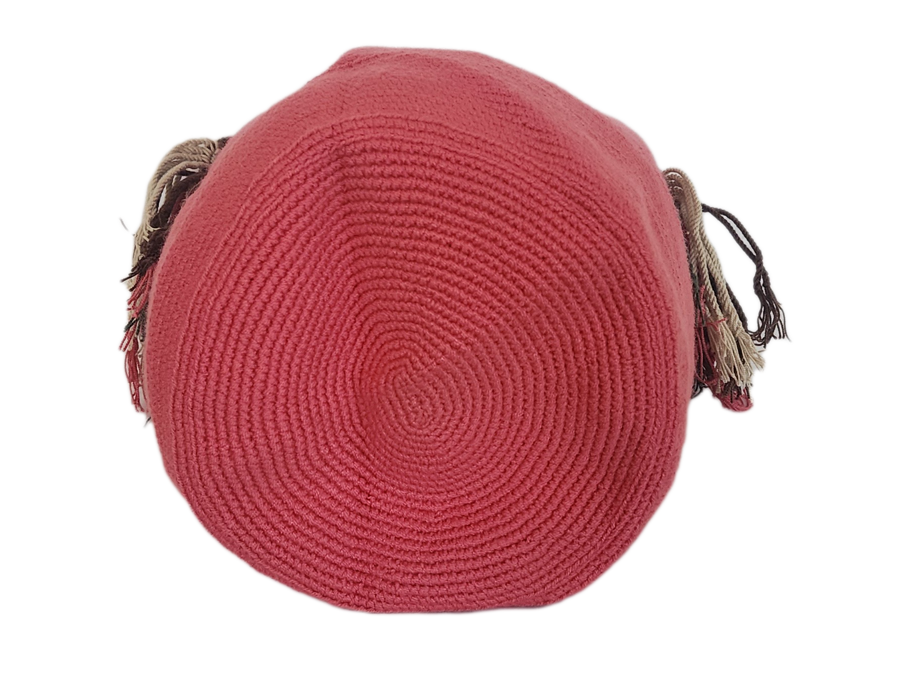Colorful handmade Wayuu bag with bold pink body and intricate strap and tassel accents — ideal for boho-chic looks with cultural flair.