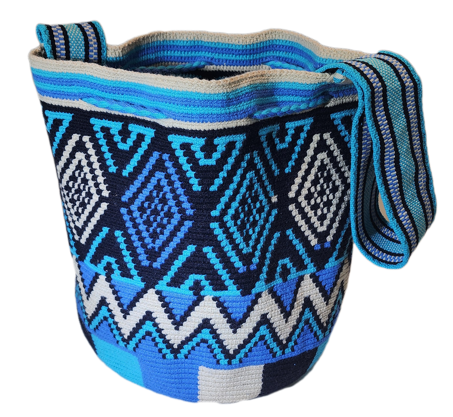Bohemian handmade Wayuu bag in cool tones with traditional Wayuu designs.