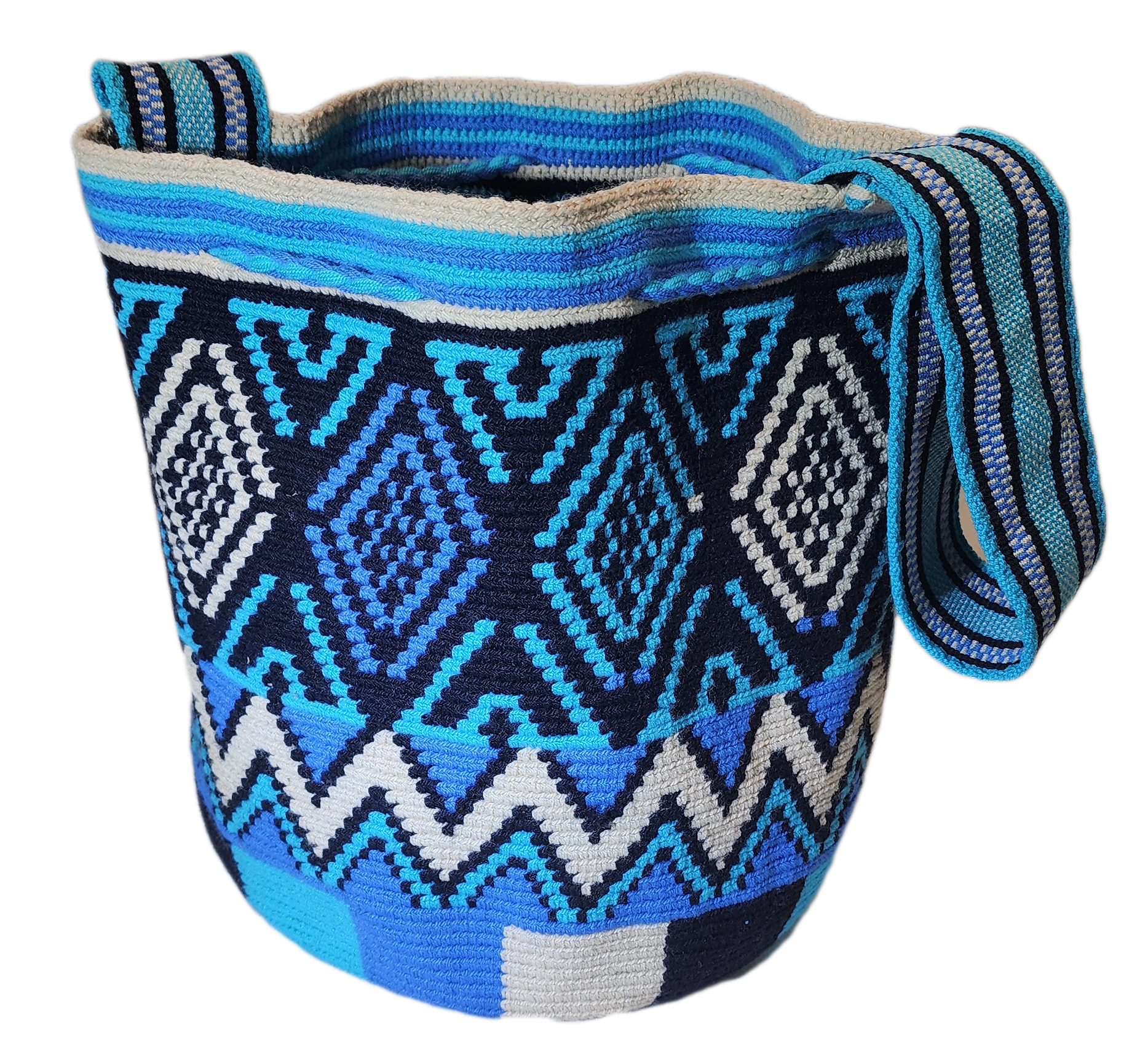 Bottom view Bohemian handmade Wayuu bag in cool tones with traditional Wayuu designs.