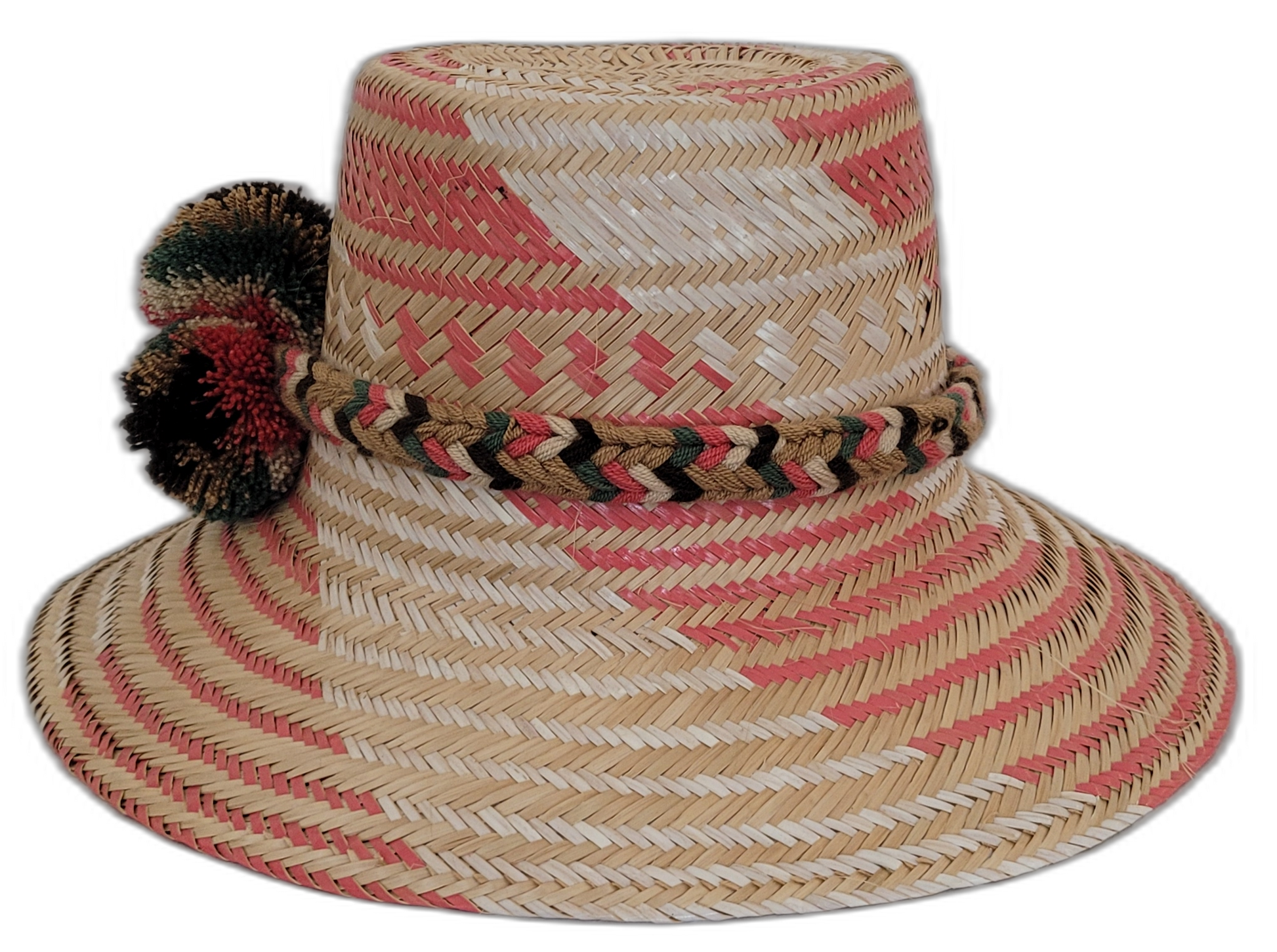 Boho chick straw hat with coral pink accents and earthy tones