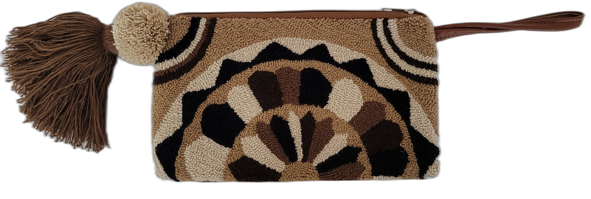 1 Earthy crochet wristlet bag Itzayana, handmade by Wayuu women in Bohemian style carrying boho colors

