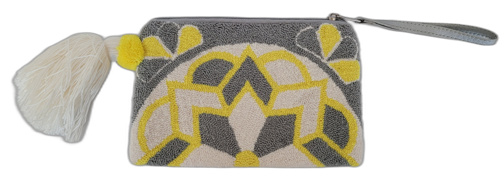 1 Bohemian crochet clutch with floral punch needle design and bright pom tassel

