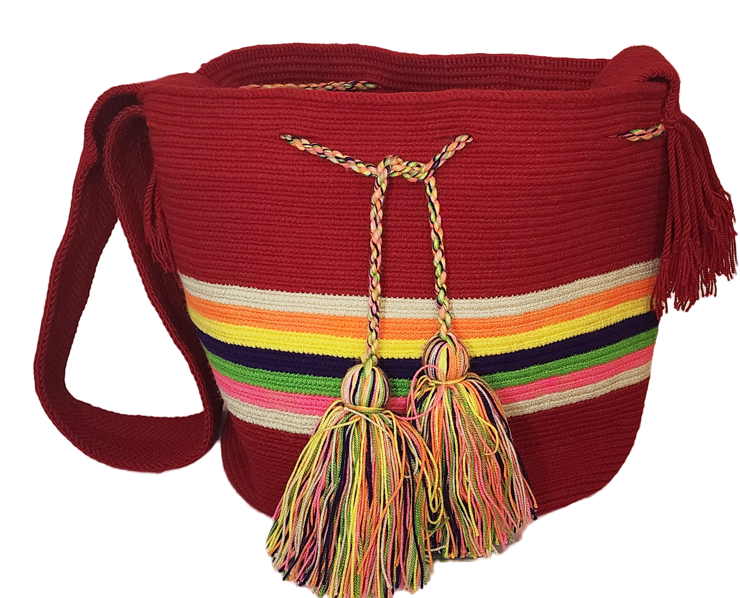 Large red boho chick Wayuu bag, handmade with colorful striped crochet design