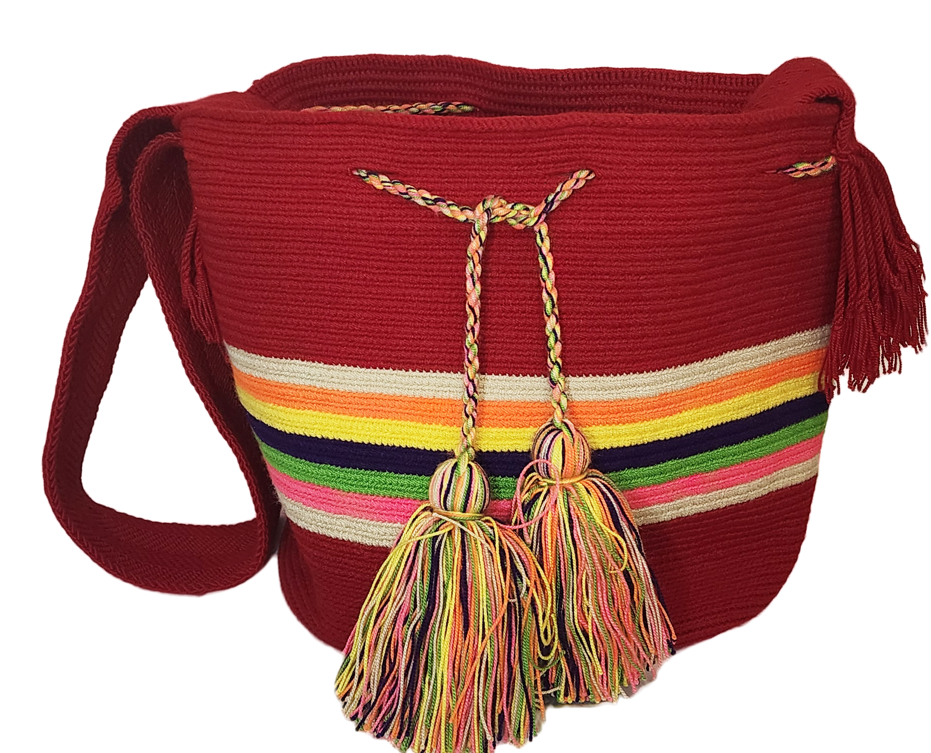 Large red boho chick Wayuu bag, handmade with colorful striped crochet design