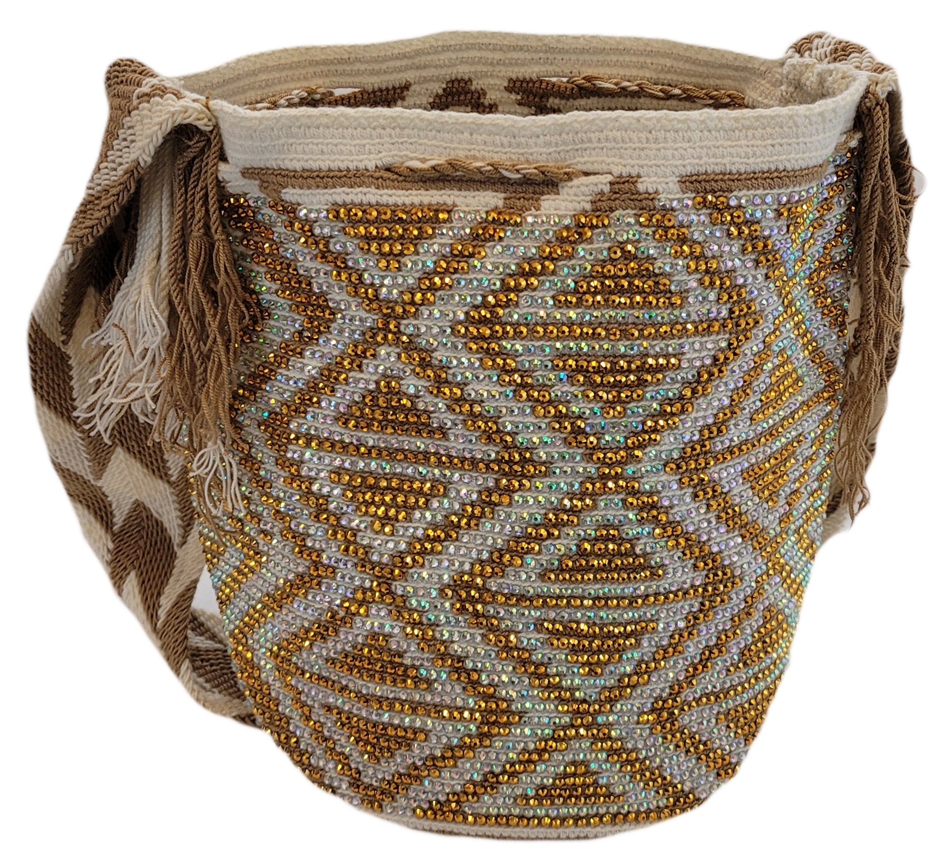 Bottom view Elegant Wayuu bag with a gold crystal-studded design and artisan shoulder strap.