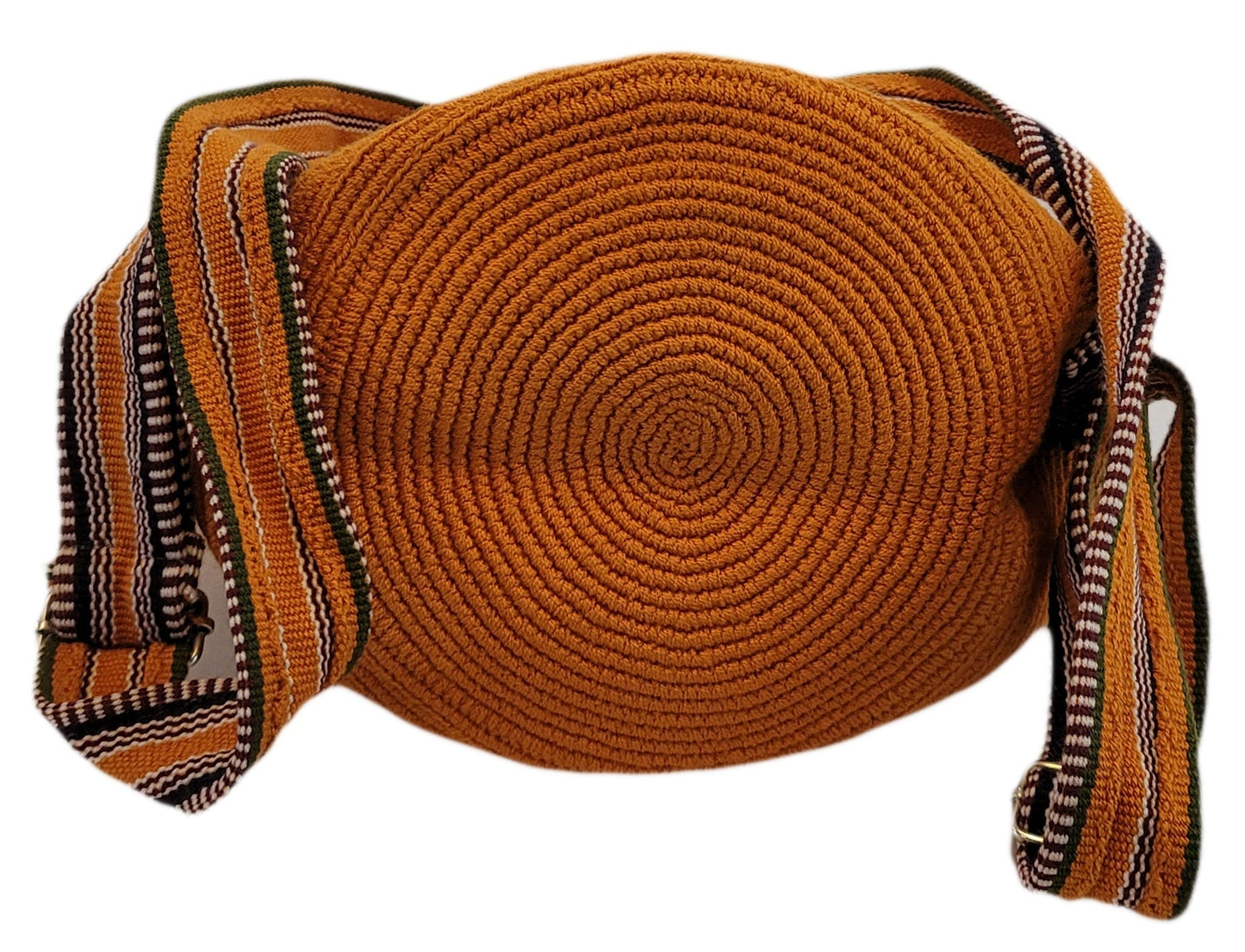 Earth-toned handmade crochet backpack with tribal sun-inspired top flap.