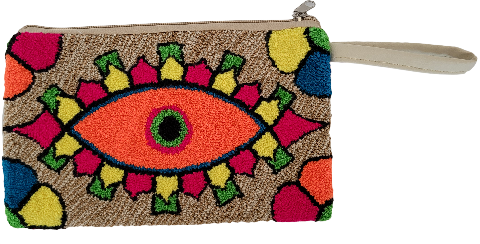 1 Bohemian chick clutch with multicolor embroidery and symbolic punch needle motif

