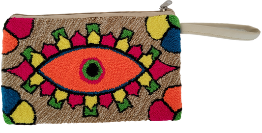 Bohemian chick clutch with multicolor embroidery and symbolic punch needle motif

