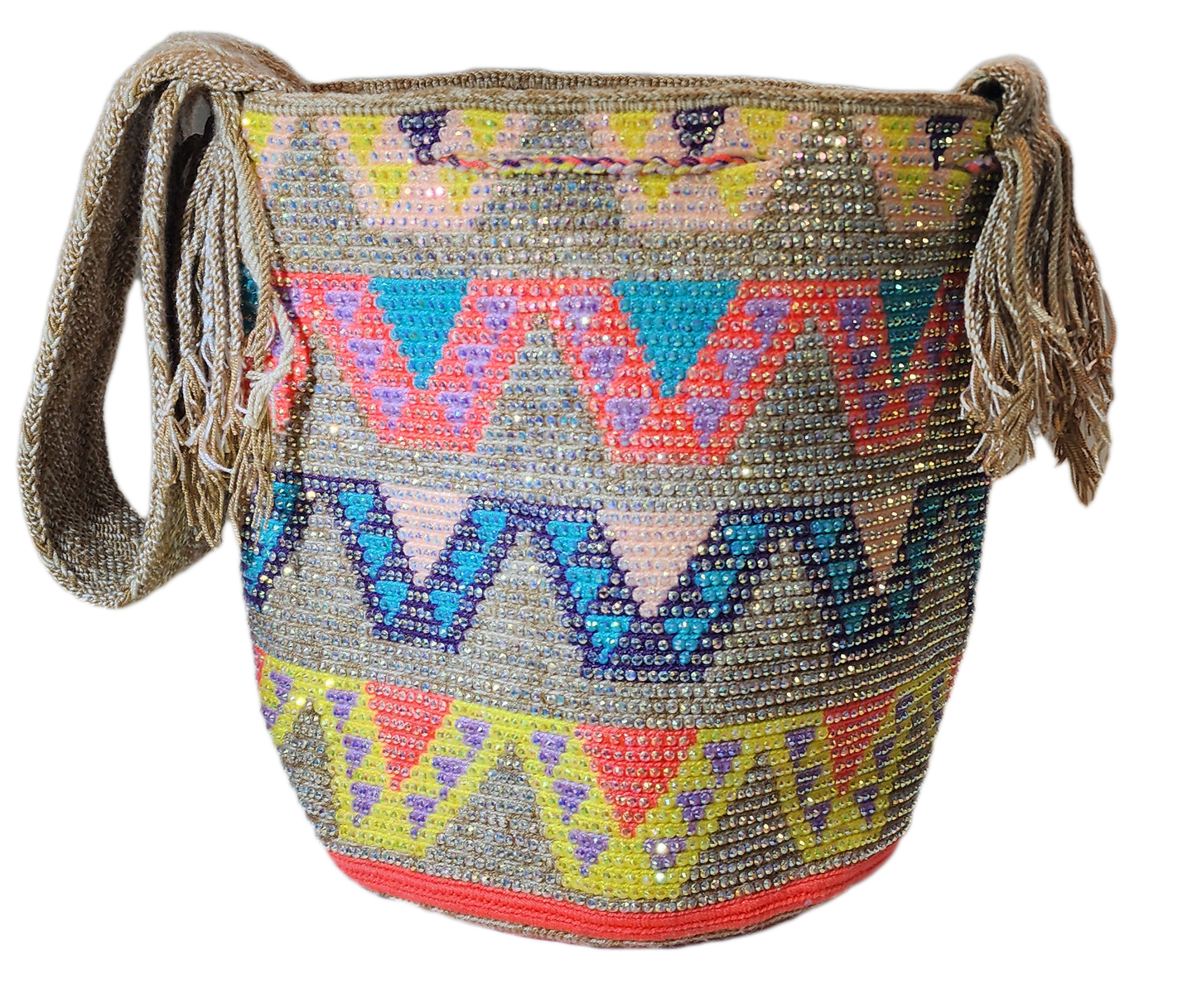 Boho crossbody Wayuu bag featuring a rainbow palette and handmade woven strap.
